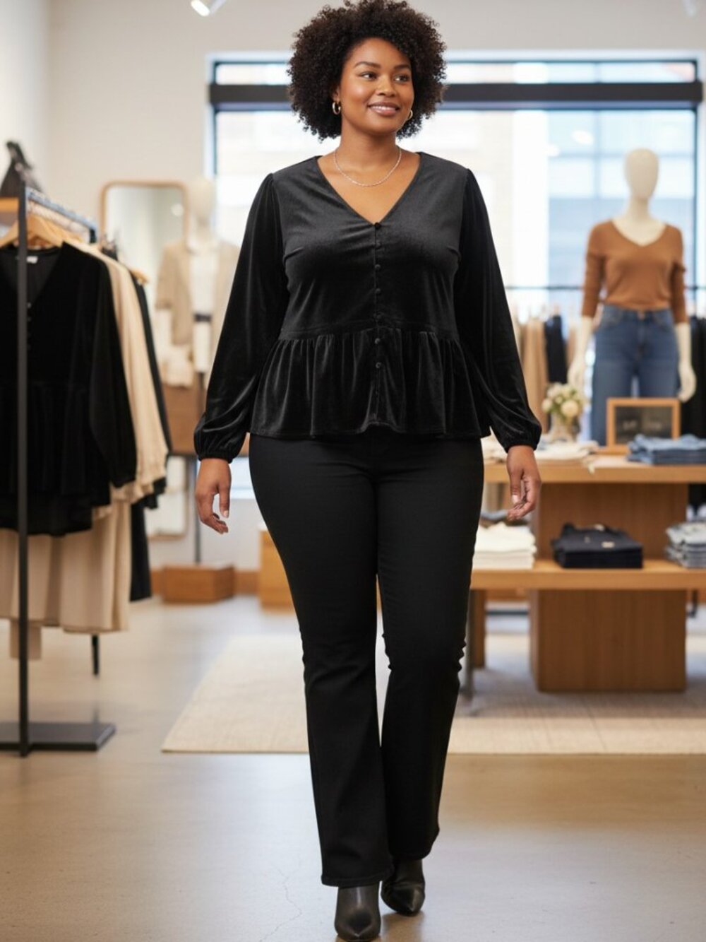 Old Navy Peplum Top Women Large Black Excellent Velvet V-Neck Balloon Sleeve